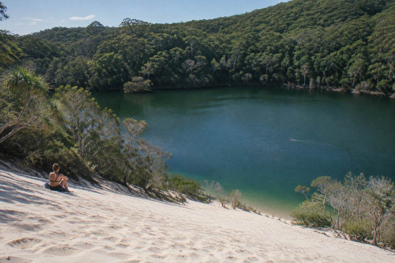 A calm freshwater lake ringed by pale sand and forest on a sunny day