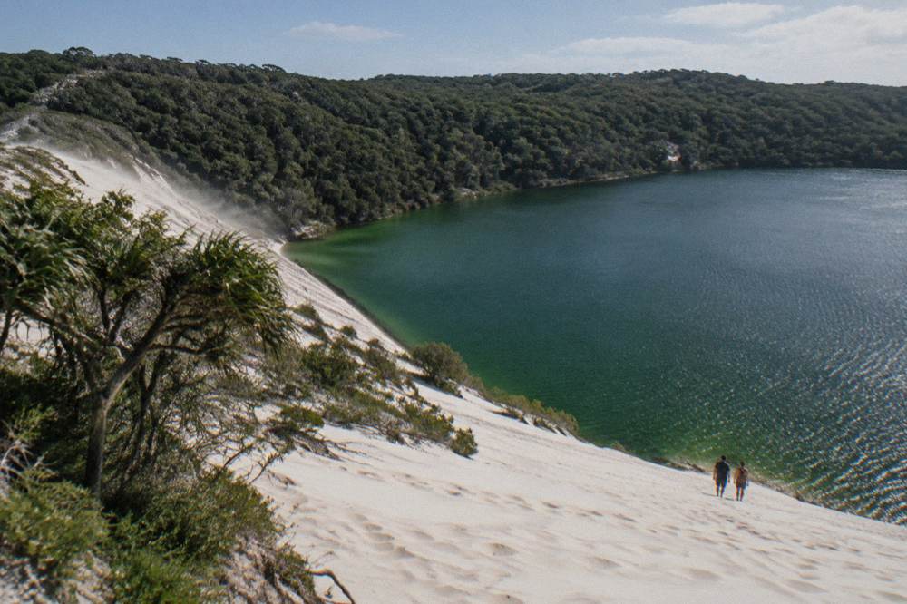 A clear blue freshwater lake ringed by pale sand and forest on a sunny day