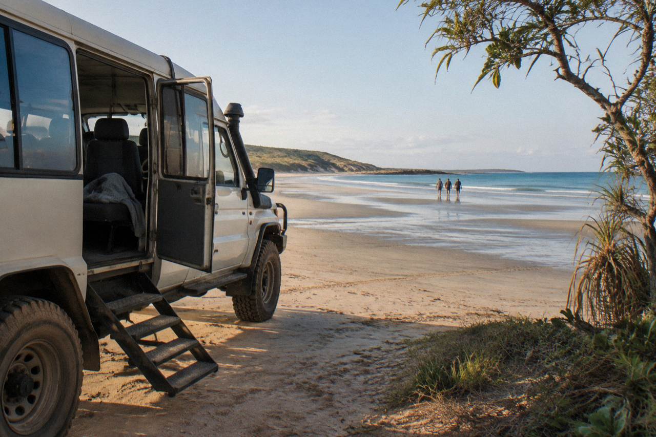 Four wheel drive coach parked on a wide sandy beach beside calm blue water
