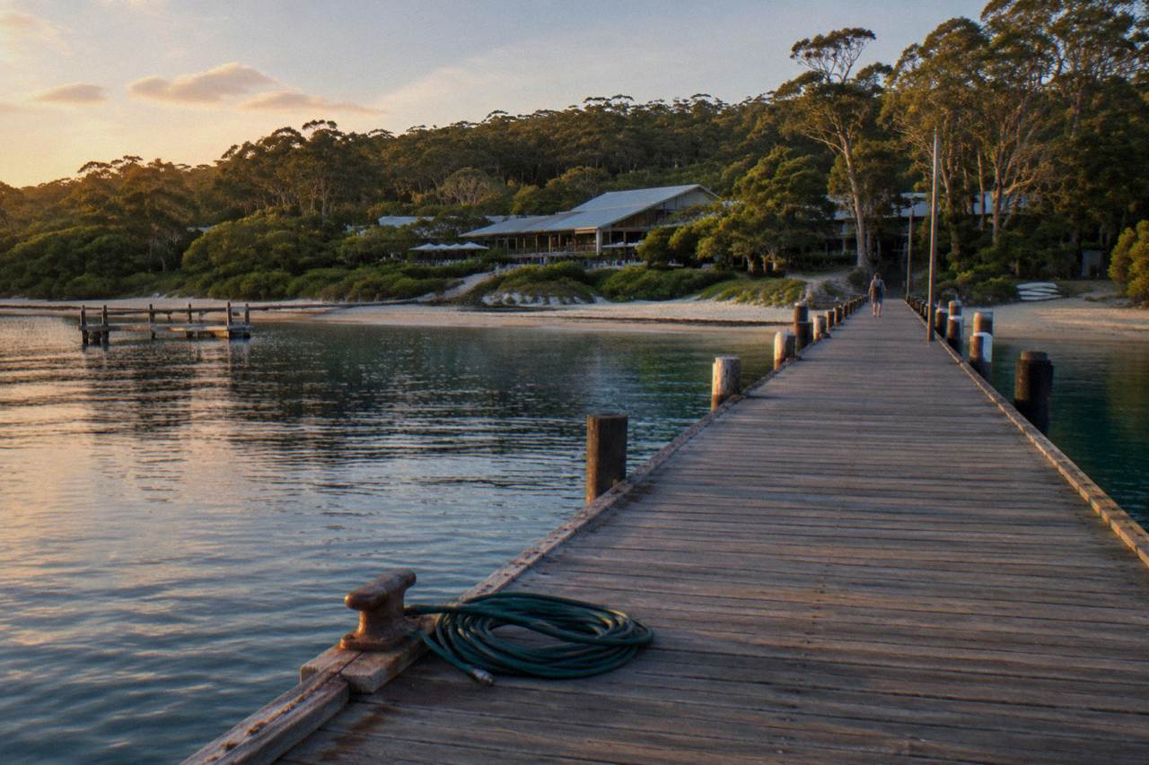 Timber resort jetty stretching over calm blue water toward a sand island shoreline