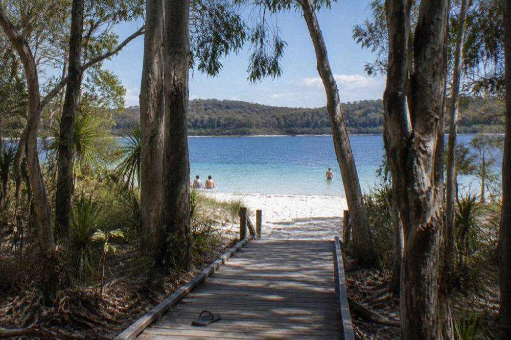 Wooden walkway and white sand leading to the edge of a clear blue lake in tall forest