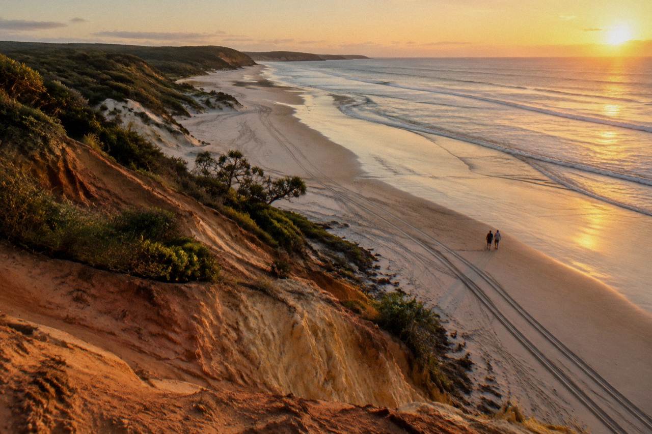 Four wheel drive tracks winding along a sand beach past tall cliffs on a large sand island