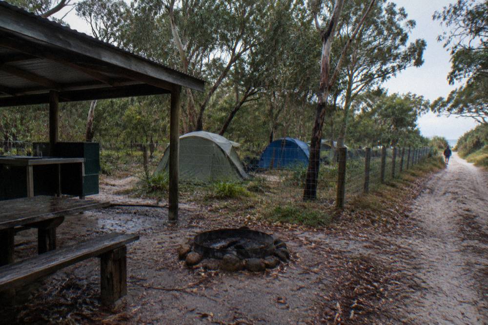 A fenced campground with tents and a camp kitchen beside a sandy track surrounded by trees