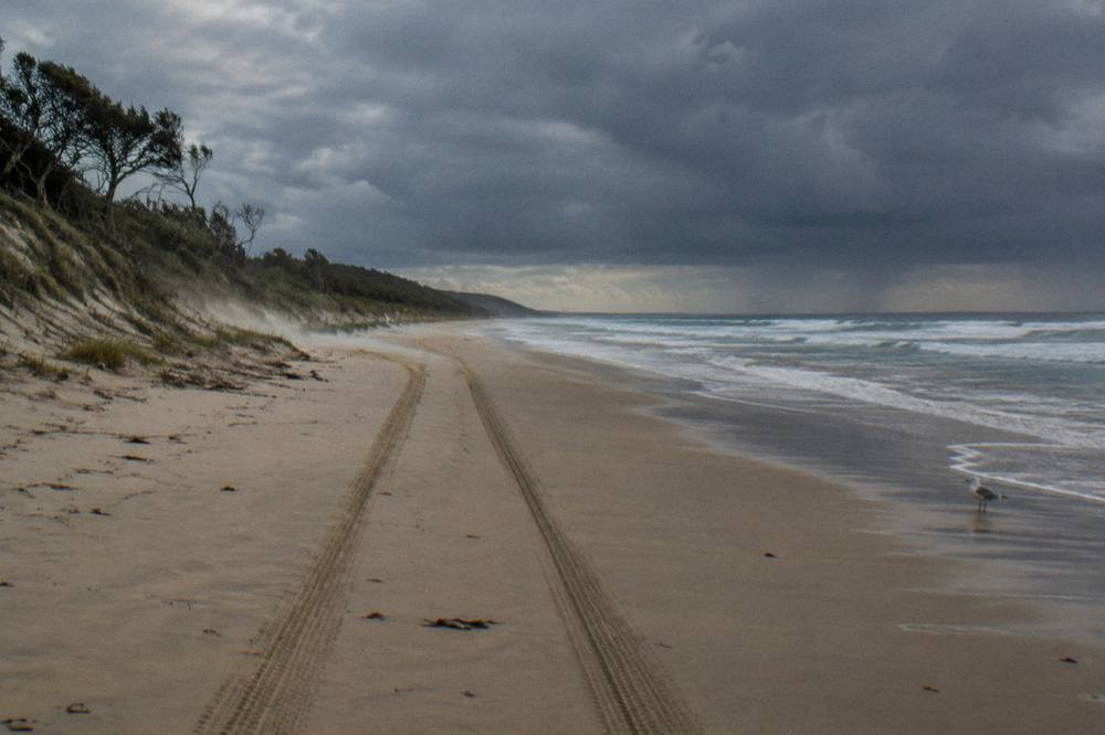 Long empty beach with tyre tracks running along the shoreline under a wide sky