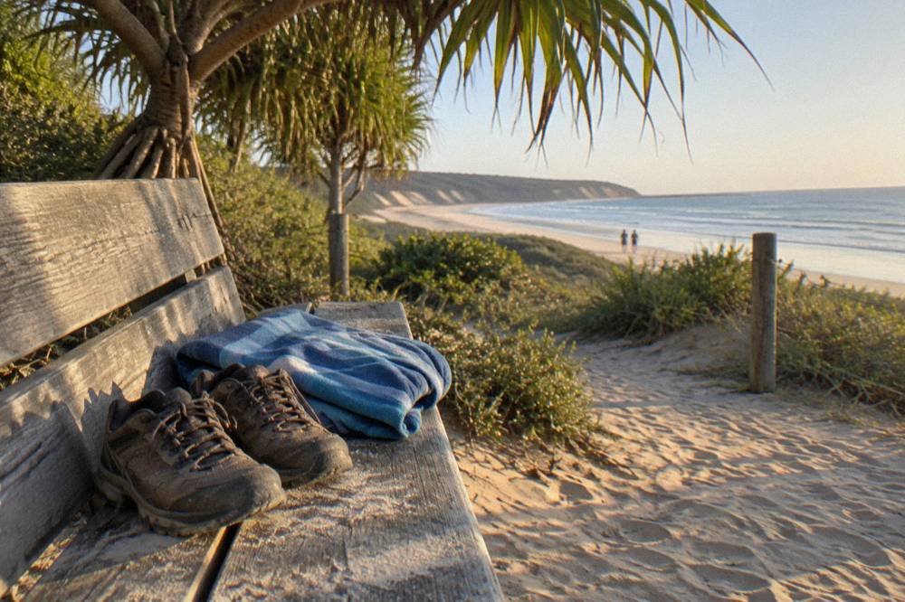Enclosed walking shoes and a folded towel set out on a wooden bench near a beach