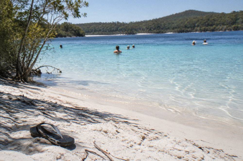 A freshwater lake shoreline with pale sand and clear shallow water under midday sun