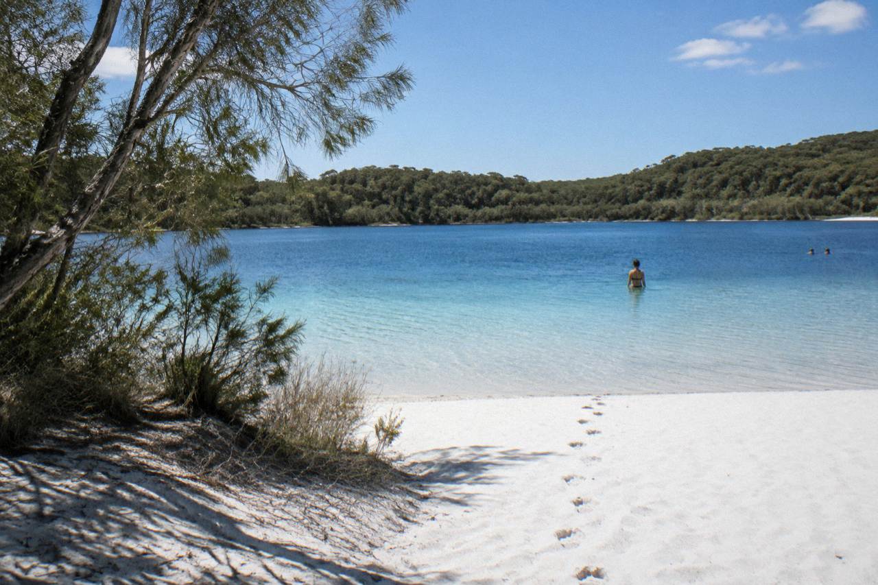 Clear blue freshwater lake ringed by white sand and forest on a sunny day