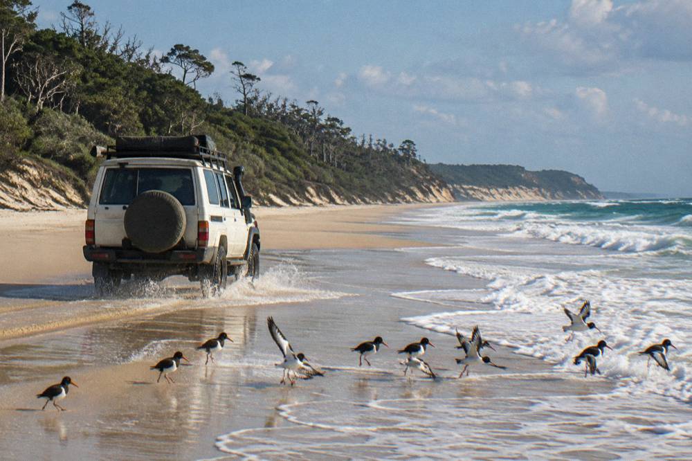 A four wheel drive tour vehicle driving along a firm sand beach beside breaking waves