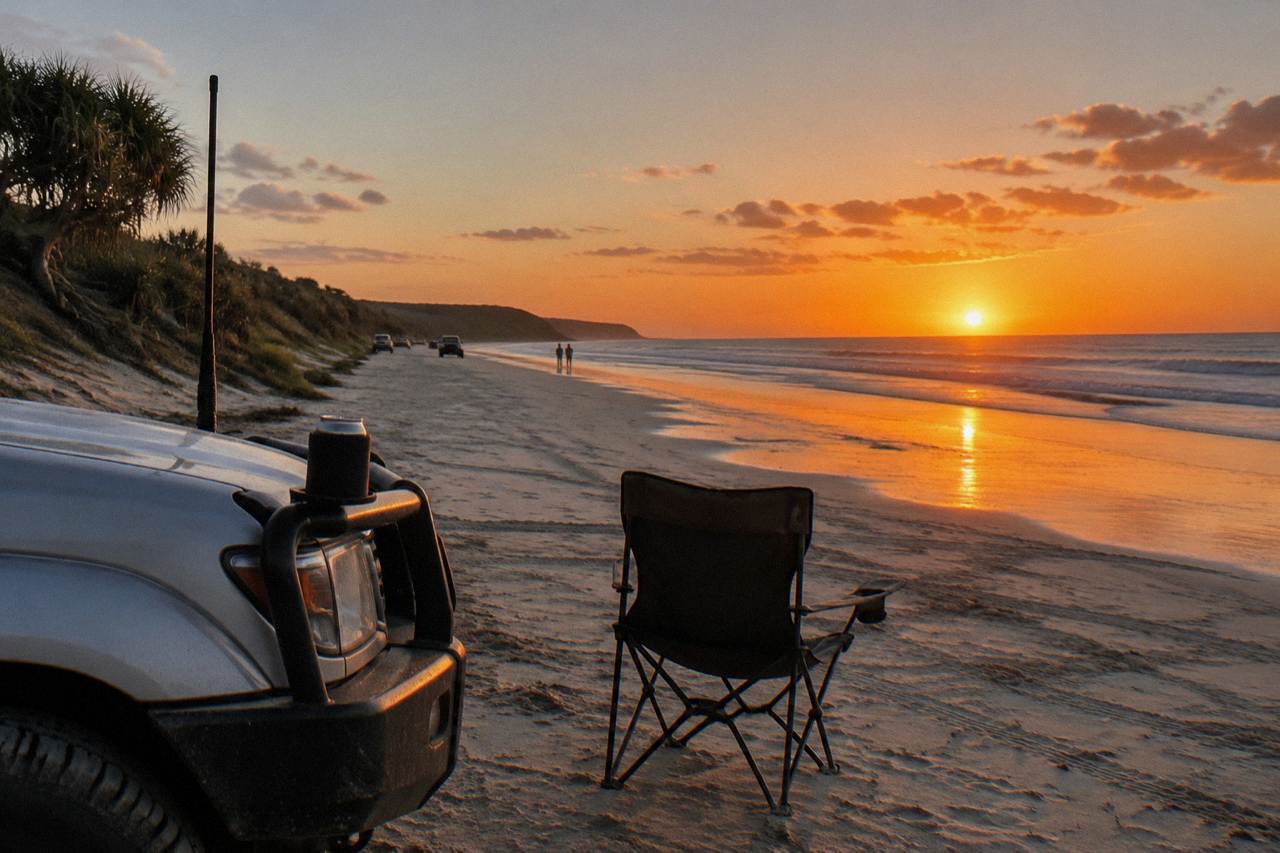 Four wheel drive vehicles parked on a wide sandy beach at sunset with calm water and low dunes