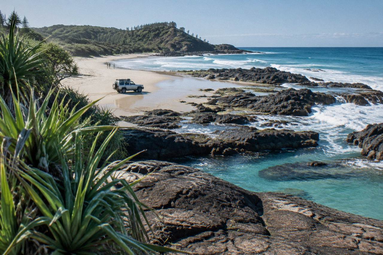 A four wheel drive vehicle parked on a wide sandy beach beside turquoise water