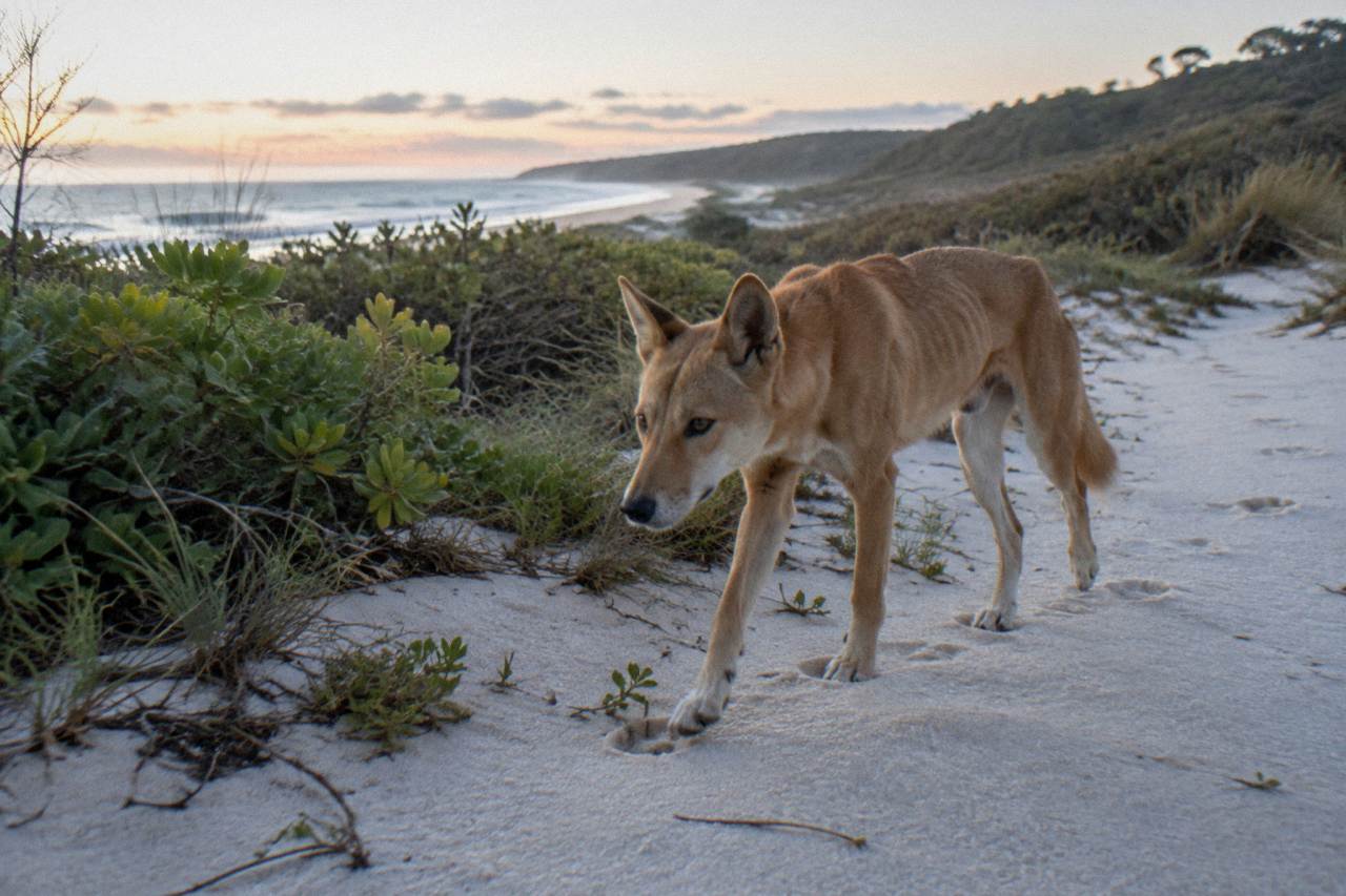 A dingo walking across pale sand near coastal scrub on K'gari