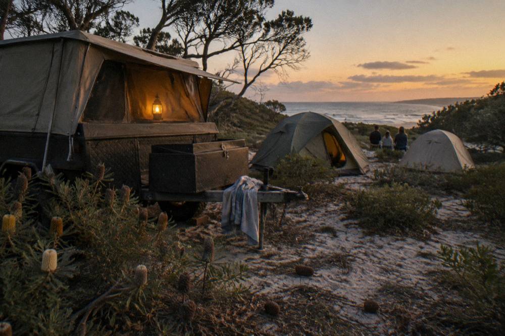 A camper trailer and tents set up on sand near low coastal scrub at dusk