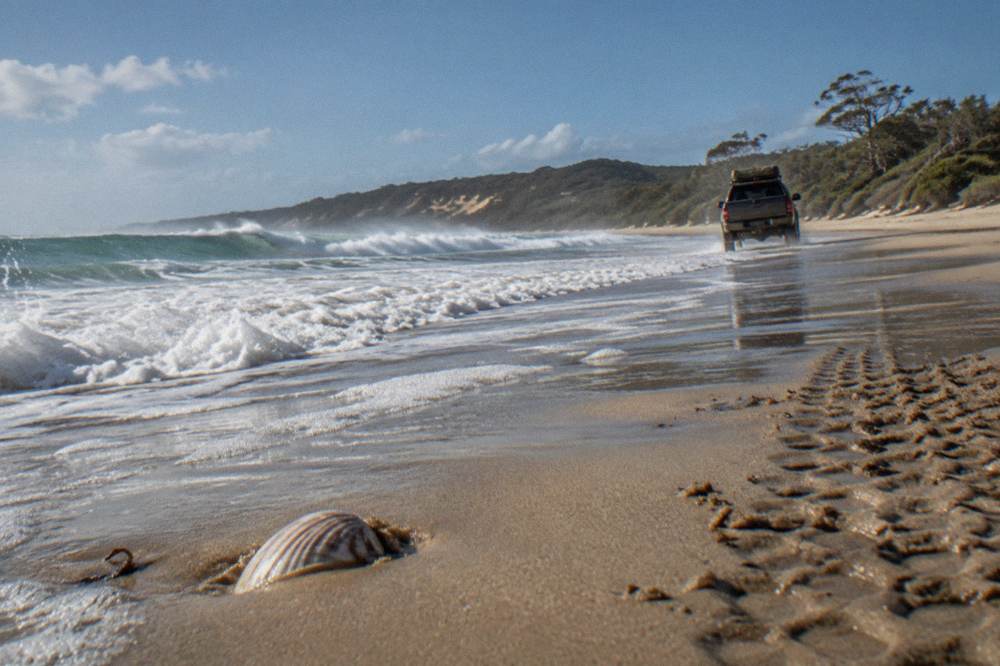 A four wheel drive vehicle driving on wet firm sand at the edge of the surf
