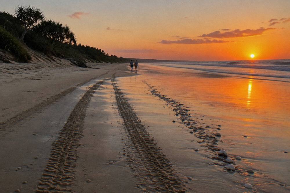 Sunrise over a calm ocean beach with tyre tracks in wet sand stretching to the horizon