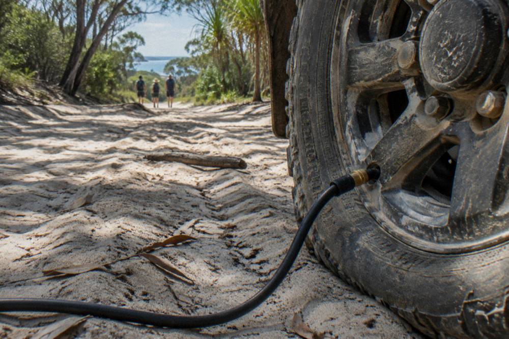 A tyre gauge being used to lower the pressure on a four wheel drive tyre on a sandy track