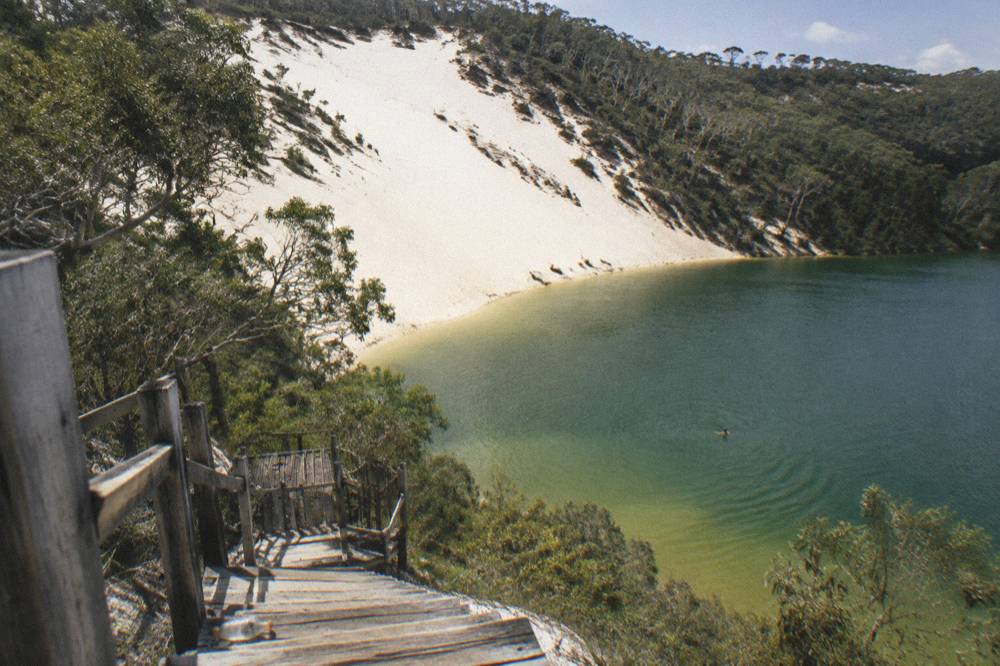 A calm freshwater lake ringed by pale sand and tall eucalypt forest