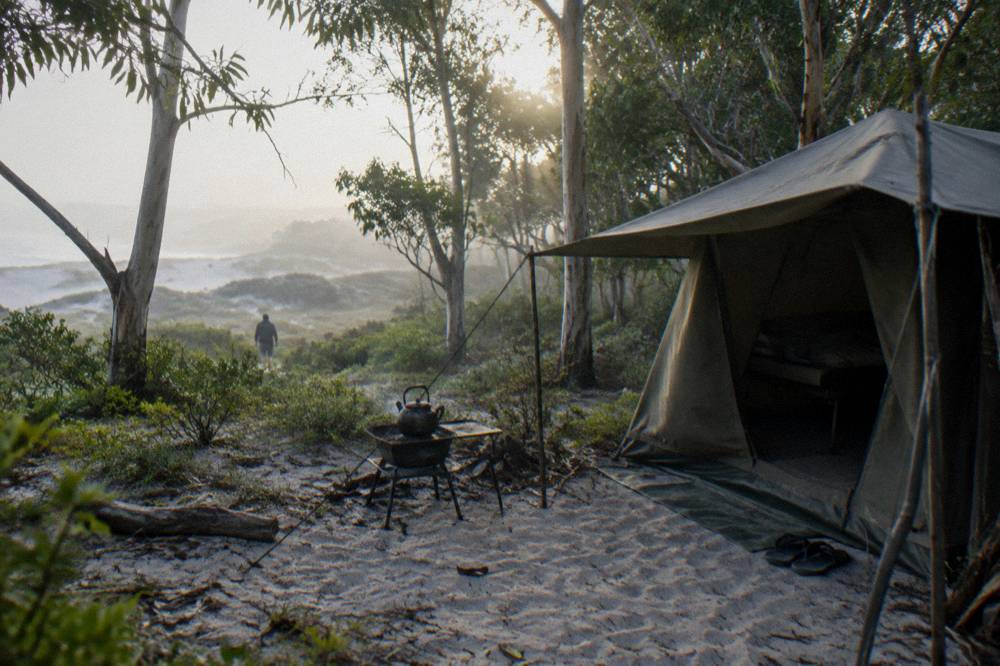 A permanent safari tent standing in a clearing near sand dunes