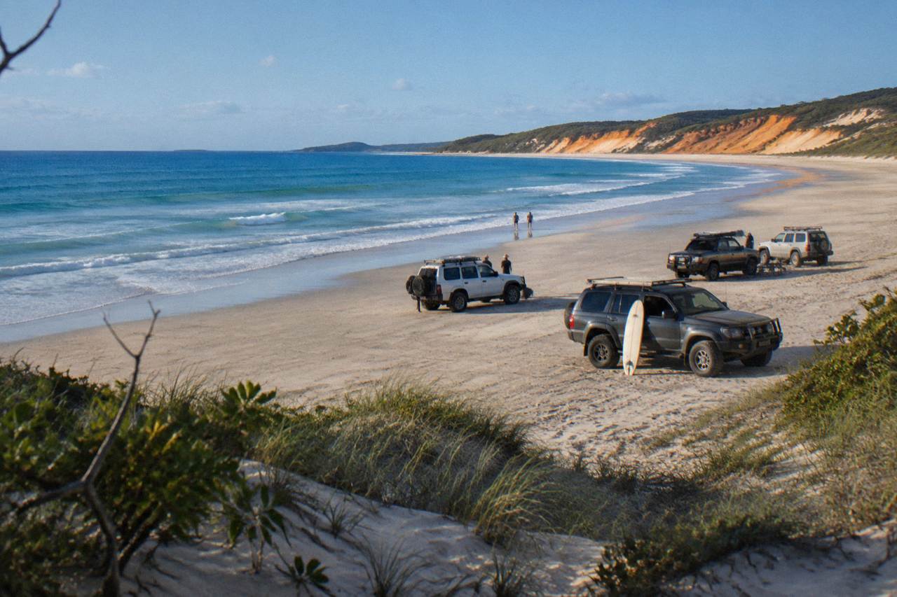 Four wheel drive vehicles parked on a wide sandy beach beside calm blue ocean