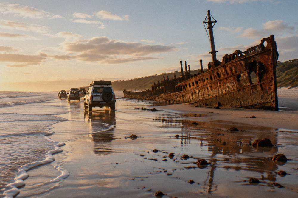A line of four-wheel-drive vehicles travelling along a broad sandy beach at low tide