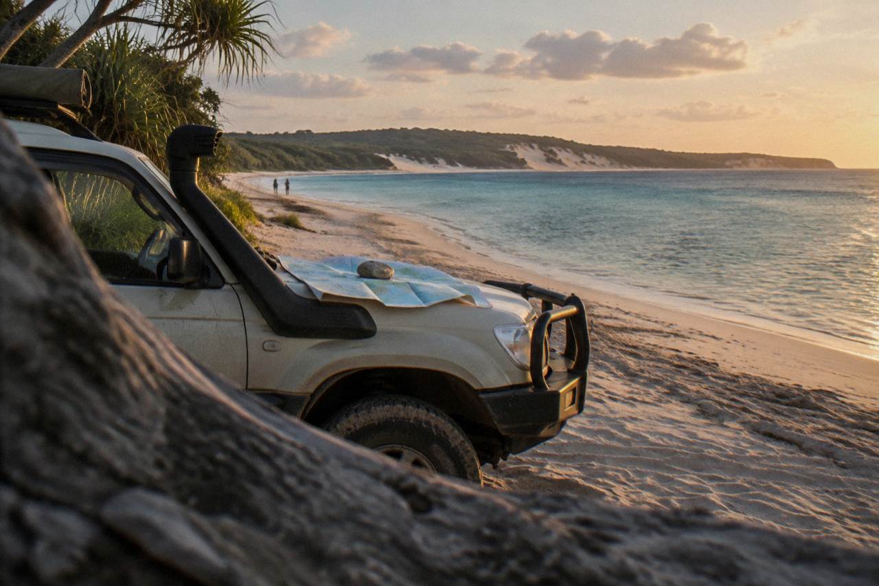 A four-wheel-drive vehicle parked on a wide sandy beach beside clear water