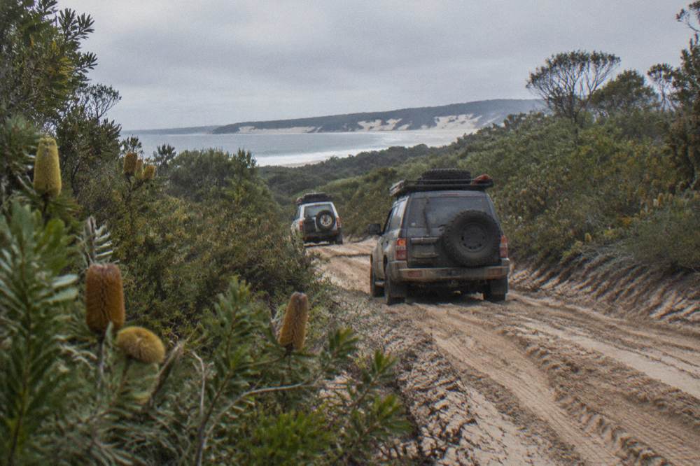 Four wheel drive vehicles travelling along a wide sandy beach at low tide