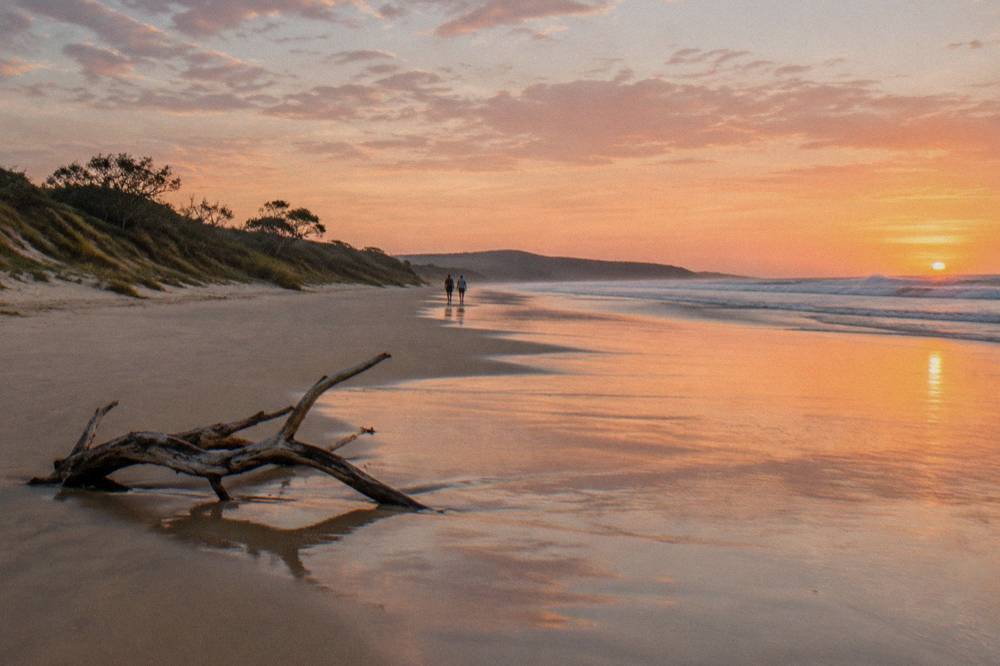 A wide empty ocean beach at sunrise with firm sand and low dunes